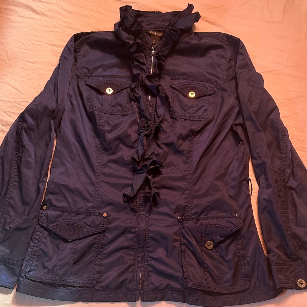 White House Black Market Navy Ruffle-Trim Utility Jacket